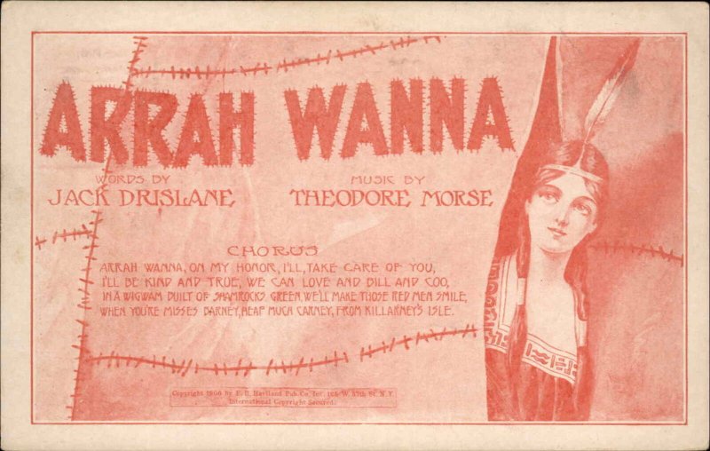 Arrah Wanna American Indian Woman Musical Lyrics c1910 Vintage Postcard