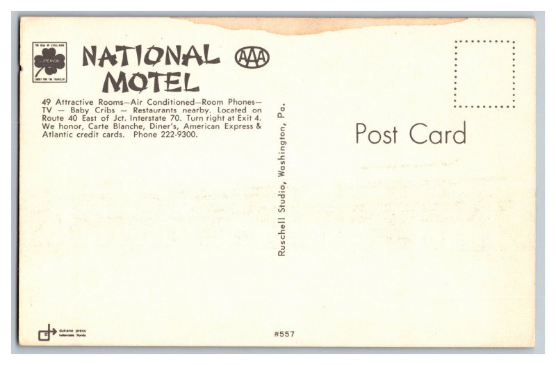 Postcard PA National Motel Washington Pennsylvania 