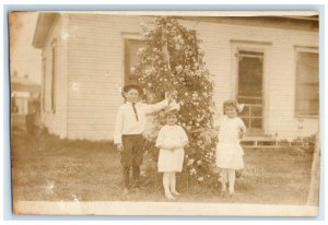 c1910's Children Little Girls And Boy Picking Flowers RPPC Photo Posted Postcard