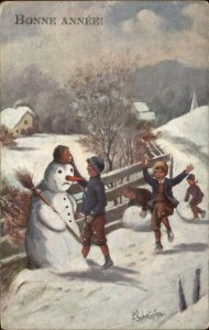 French New Year Children Snowball Fight Snowman c1910 Postcard