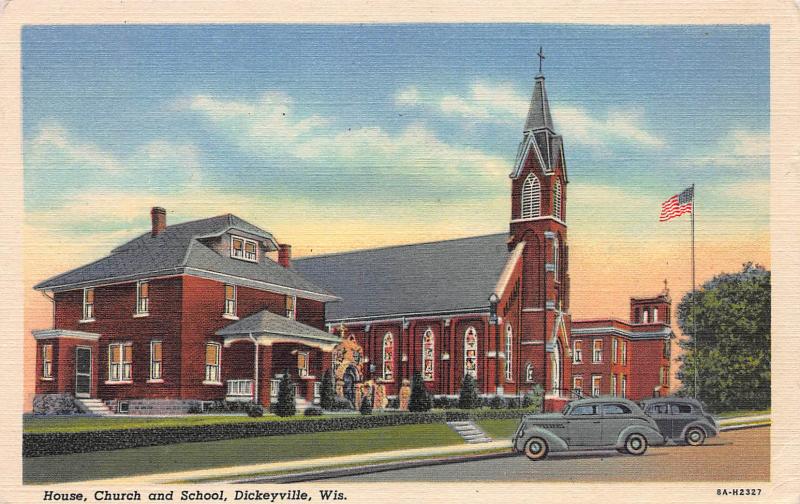 House, Church, and School, Dickeyville, Wisconsin, Early Linen Postcard, Unused