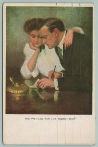 Clarence F Underwood~Lady & Gent Proposed Housekeeping~Huddle Over Paper~M Munk