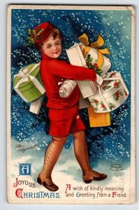 Christmas Postcard Ellen Clapsaddle Child Gift Boxes Germany 1045 Artist Signed