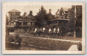 Adirondacks Lake Placid Club NY Horseback Riding Lake Side RPPC Postcard M22