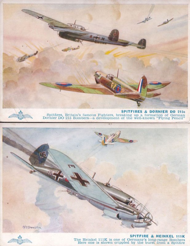 Spitfire & Heinkel 111k Military Aircraft 2x Old Postcard s