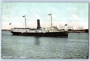 St. Croix Wisconsin WI Postcard Steamer Leaving Dock Scene 1909 Antique Flags