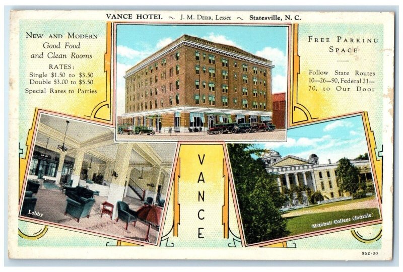 c1930's Vance Hotel Statesville North Carolina NC Multiview Vintage Postcard