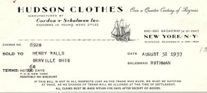 1937 HUDSON CLOTHES GORDON AND SCHULMAN N.Y. YOUNG MEN'S  BILLHEAD INVOICE Z509