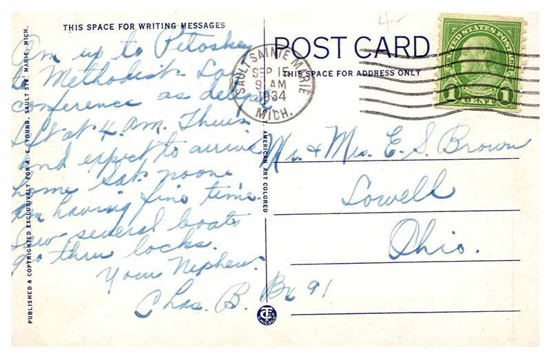 Postcard BOAT SCENE Sault Ste. Marie Michigan MI AQ7891