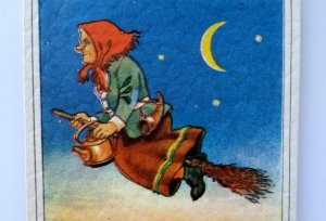 Easter Witch Postcard Fantasy Glad Pask Riding Broom Crescent Moon Stars Sweden