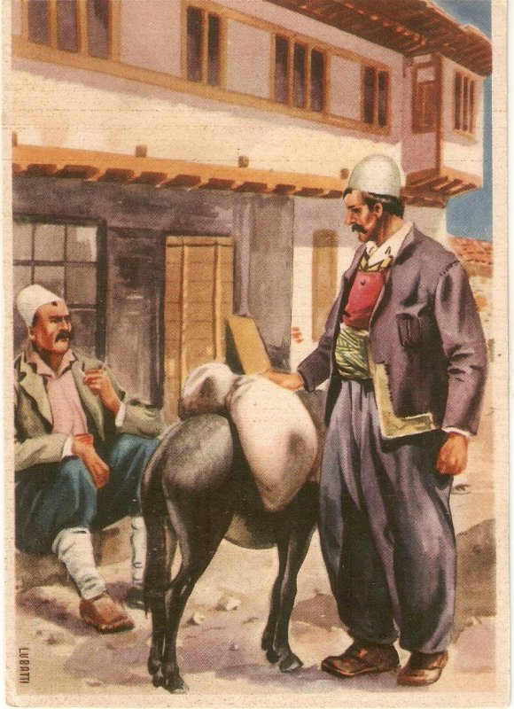 Albanian people with a DONKEY Modern Italian  artist drawn Postcard 1960s