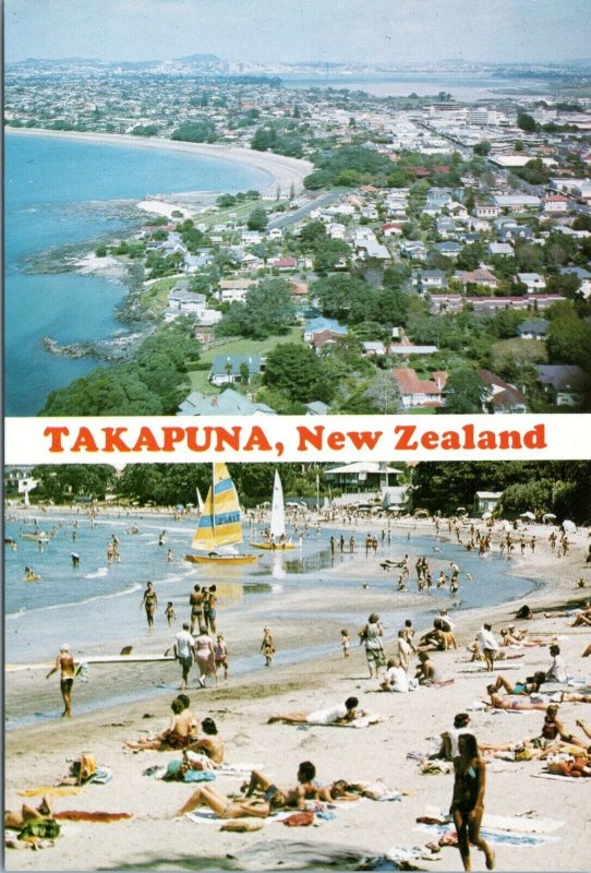 postcard New Zealand - Takapuna, - beach scene and aerial split view