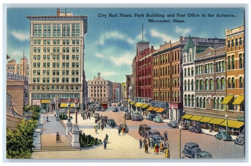 City Hall Plaza Park Building Post Office In Distance Cars Worcester MA Postcard