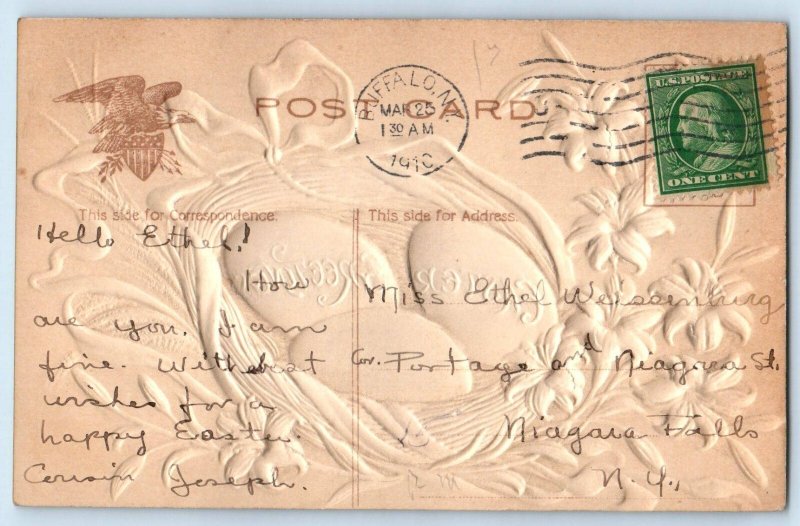 1910 Easter Greetings Eggs Nest Lilly Flowers Airbrushed Buffalo NY Postcard