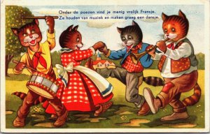 Anthropomorphic Cats Making Music Dancing Vintage Postcard C080