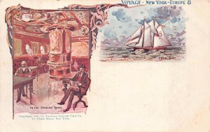 NEW YORK TO EUROPE SHIP VOYAGE SMOKING ROOM & PILOT BOAT POSTCARD (1897)