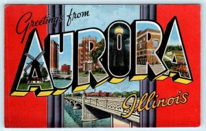 Large Letter Linen AURORA, ILLINOIS IL ~ Kropp ca 1940s Postcard