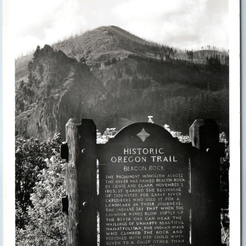 c1950s Oregon Trail Beacon Rock Park RPPC Sign Columbia River Sawyers Photo A199