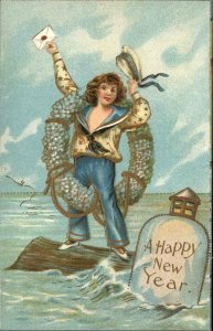 NEW YEAR Young Boy Sailor at Buoy EMBOSSED c1910 Postcard