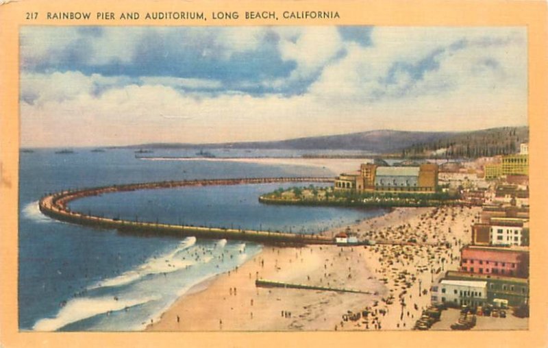 Long Beach California Rainbow Pier & Auditorium Linen Postcard  Unused