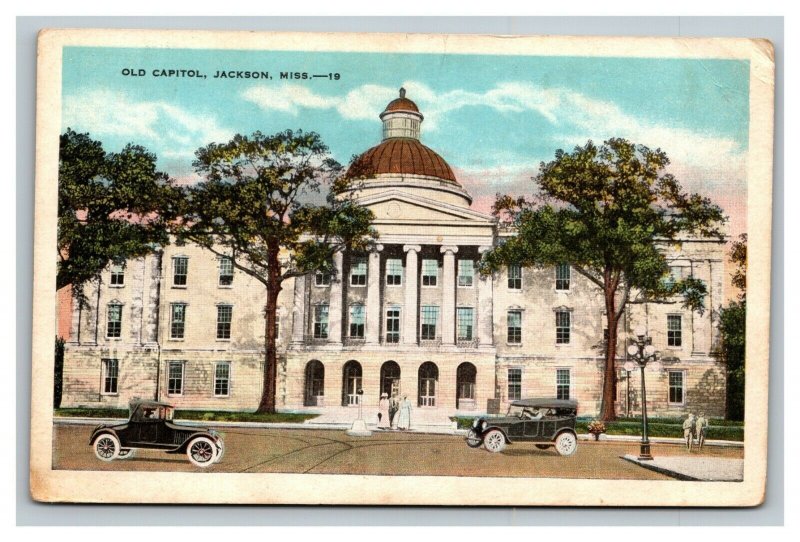 Vintage 1920's Postcard Old Capitol Building Antique Cars Jackson Mississippi