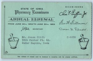 Cedar Rapids IA Postcard State Of Iowa Pharmacy Examiners Annual Renewal c1905