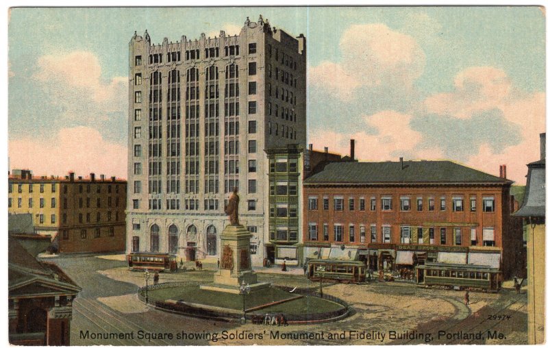 Portland, Me, Monument Square showing Soldiers' Monument and Fidelity Building