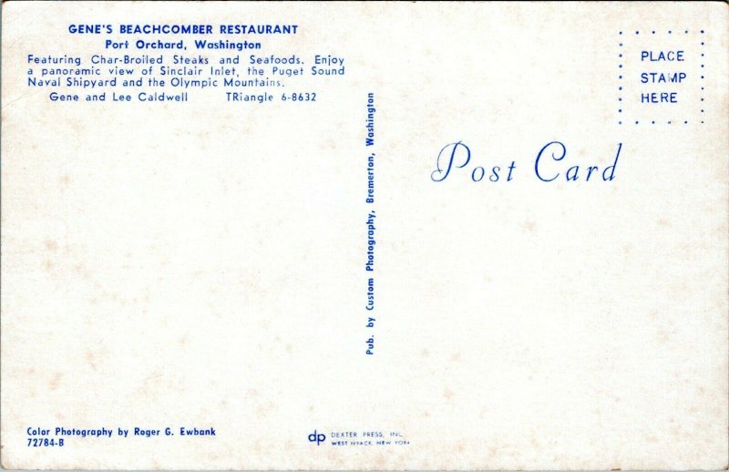 1950s Port Orchard Washington Genes Beachcomber Restaurant Interior Postcard DV