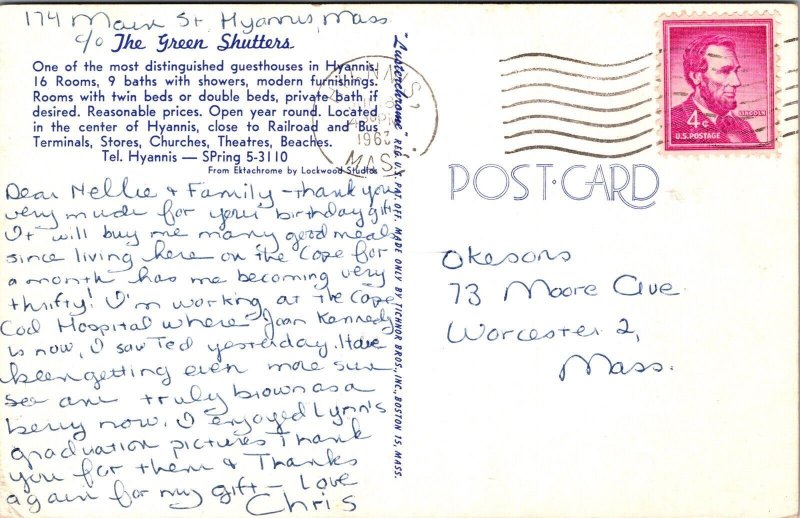Green Shutters Hyannis Massachusetts Street View Motel Lincoln Stamp Postcard 