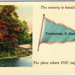 c1930s Canistota, S. Dak. Beautiful Scenery Linen Postcard Pennant YOU Come! A69