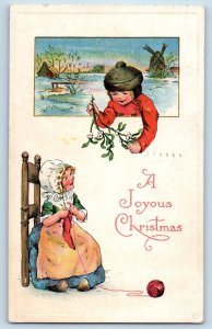 Milwaukee Wisconsin WI Postcard Christmas Dutch Kids Mistletoe Windmill 1917