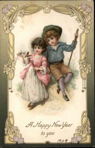 Winsch New Year Children Pretty Little Boy and Girl c1910 Vintage Postcard