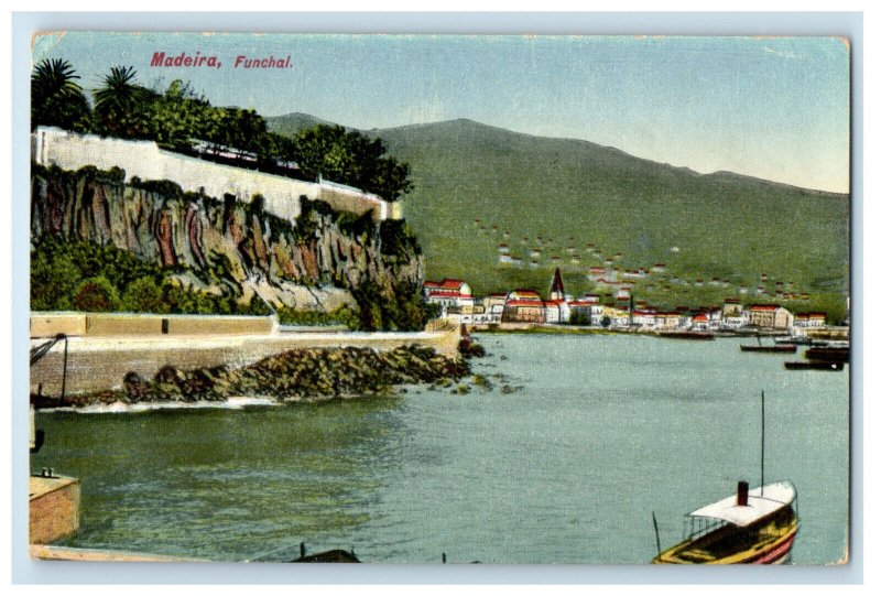 c1910 Boats Scene, View of Houses, Madeira Funchal Portugal Postcard
