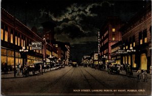 Postcard Main Street Looking North by Night in Pueblo, Colorado