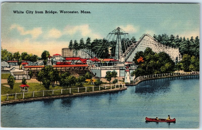 c1940s Worcester, MA White City Amusement Park Linen PC Roller Coaster Ride A291