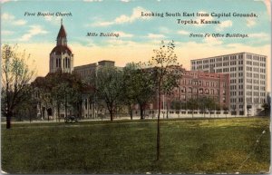 Postcard KS Topeka Capitol Grounds First Baptist Church Mills  Sante Fe Building