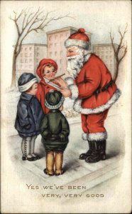 Whitney Christmas Santa Claus with List and Children Vintage Postcard