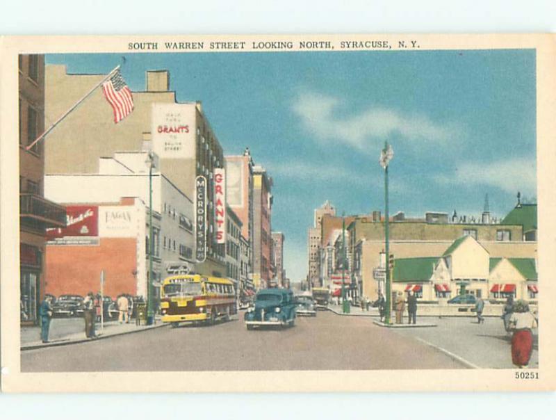 Unused Linen OLD CARS & SHOPS ON STREET Syracuse New York NY n1193-12