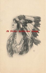 Native American Indian Woman with Head Dress, Sepia, Bergman