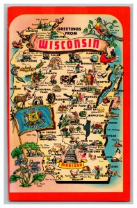 Greetings From Wisconsin Map Postcard Continental View Card