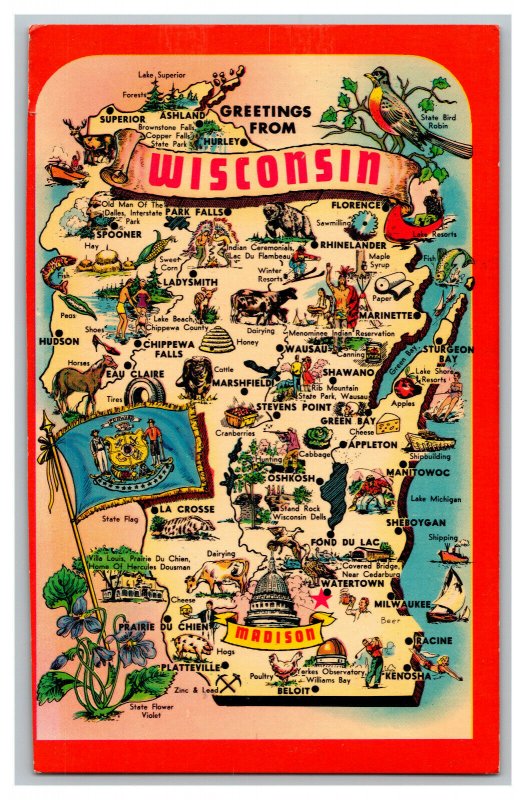 Greetings From Wisconsin Map Postcard Continental View Card 