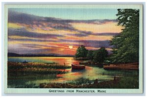 c1940 Greetings From Manchester Sunset Boat Canoe Log Swamp Lake Maine Postcard