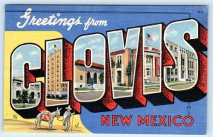 Large Letter Linen CLOVIS, New Mexico NM ~ Curry County c1930s Curteich Postcard