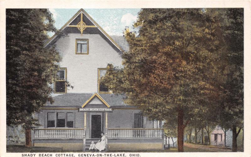 GENEVA ON THE LAKE OHIO SHADY BEACH COTTAGE~WOMAN & BABY ON PORCH POSTCARD 1920s 