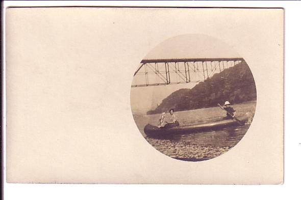 Real Photo, Man and Woman in Canoe, Sun Umbrella, Bridge,