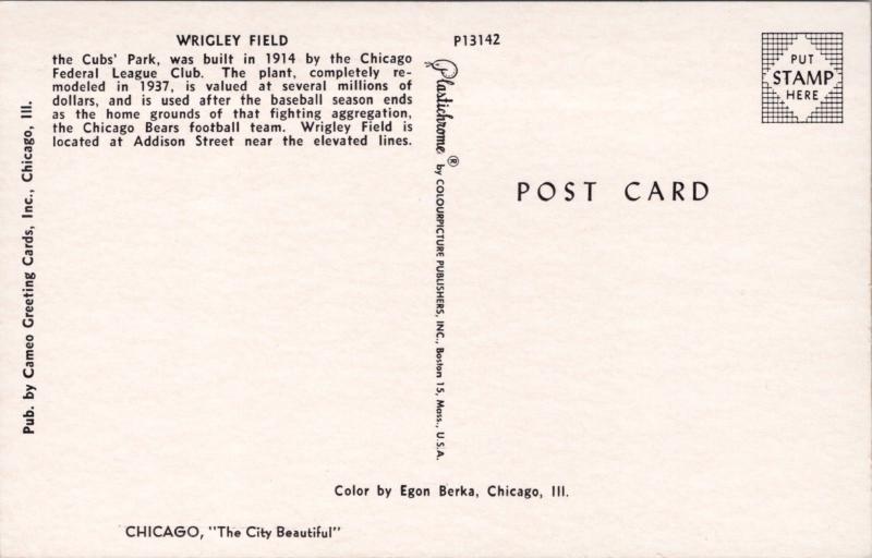 Wrigley Field Chicago IL Illinois Baseball Unused Vintage Cameo Postcard E24