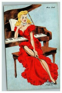 Vintage 1940's Postcard - Beautiful Blonde Woman in Red Dress Poses at The Piano