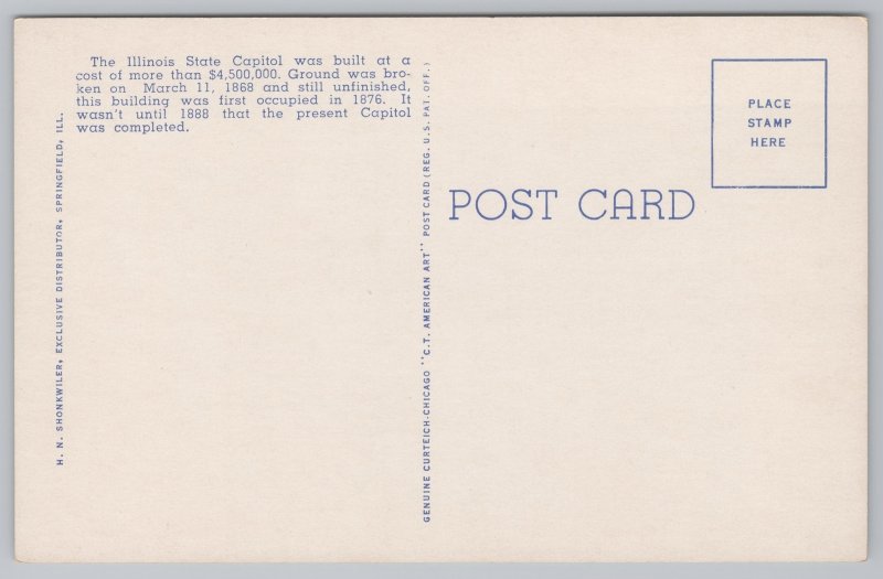 Springfield IL~State Capitol And Abraham Lincoln Statue~Comp 1888~Linen Postcard