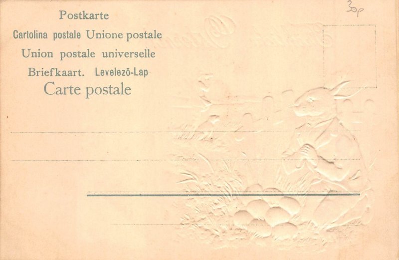 Easter Greetings Humanized Rabbit Eggs Hunter Dog embossed postcard C316