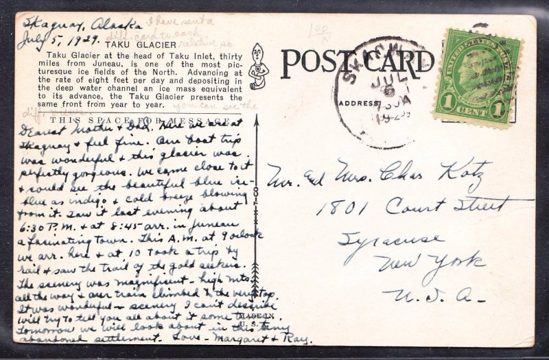 AK – Postmarked Skagway – Taku Glacier - 1929 - message